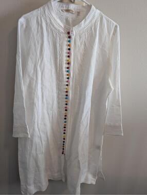 Soft Surroundings White Linen Zipper Tunic Top XL Embroidered Knot Buttons Beach